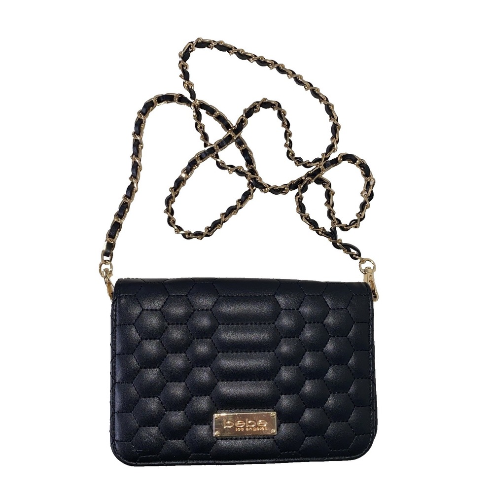Bebe Quilted‎ Cocktail Clutch Chain Strap Crossbody Bag Black